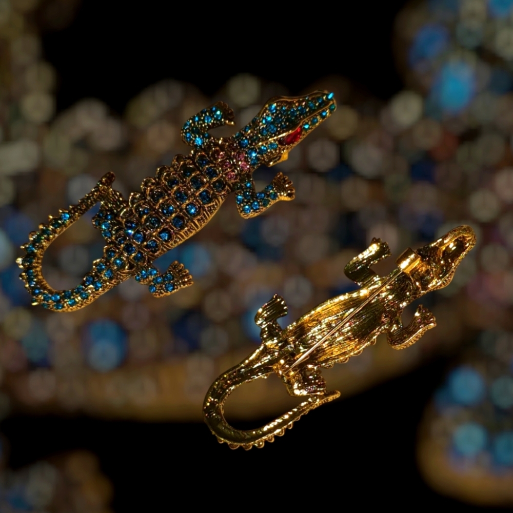 Gold and Blue Alligator Brooch with Coordinating Ring